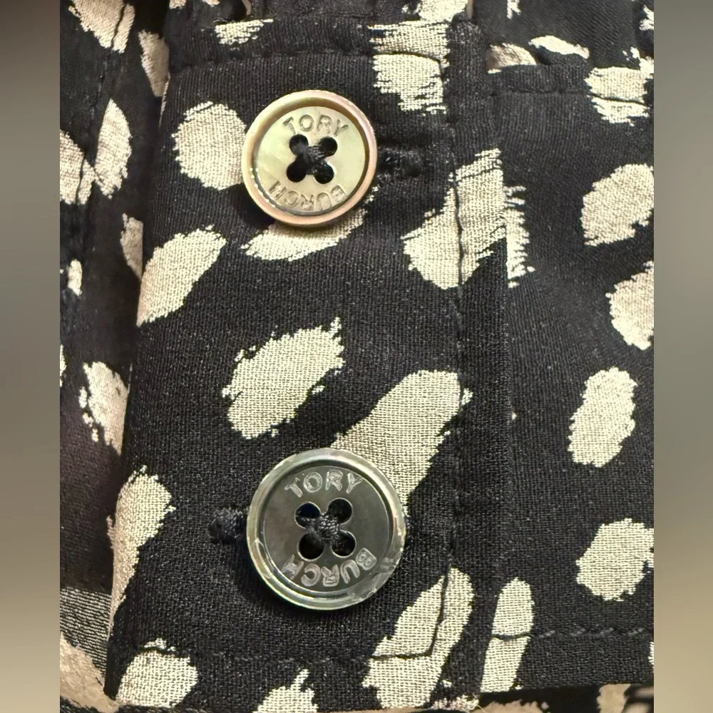 Tory Burch Black & Cream Veta Sheer Silk Blend  Blouse in Dot Print Top size 4